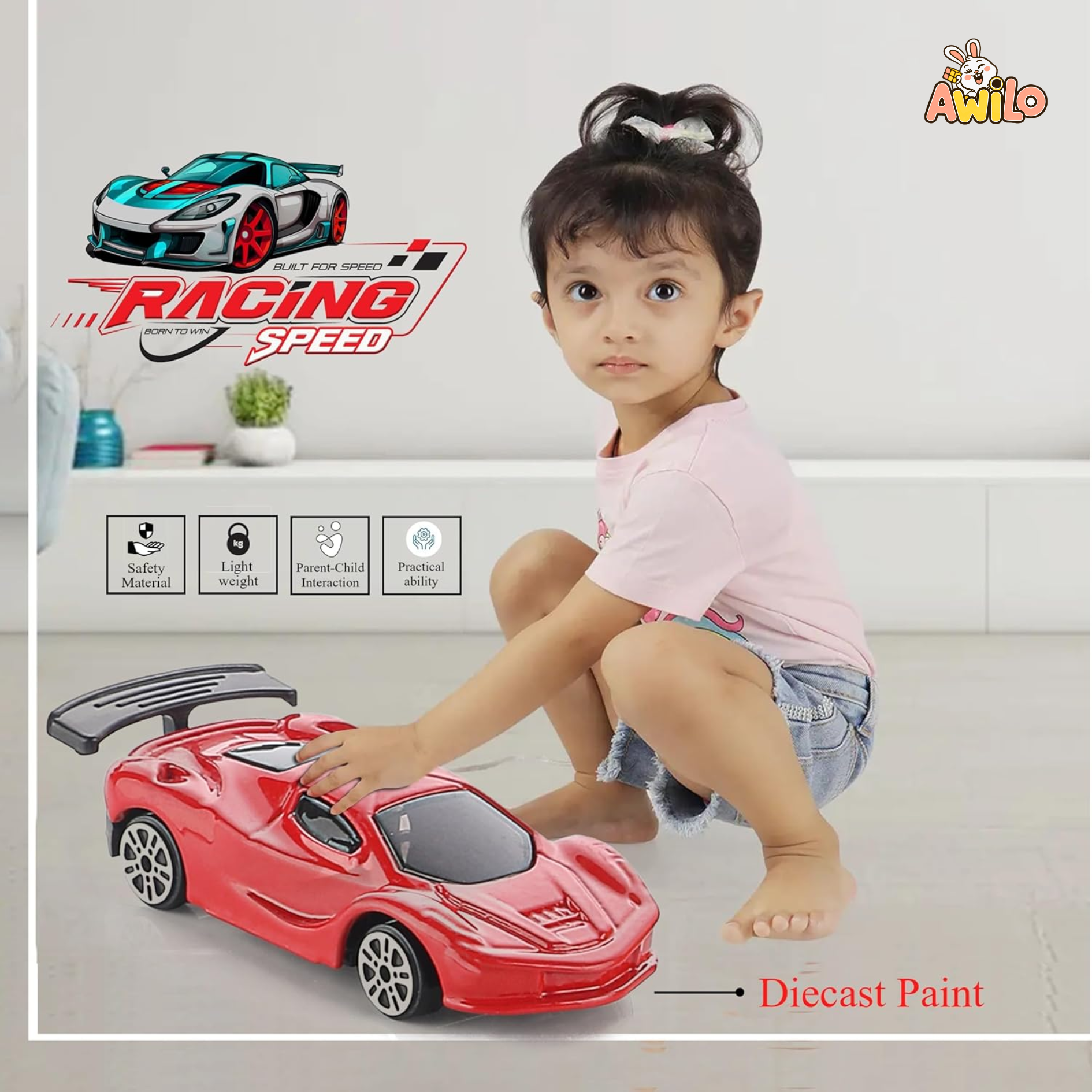 Die-Cast Racing Car Set – 4 Pcs, Free Wheel, Unbreakable, Multicolor - Awilo