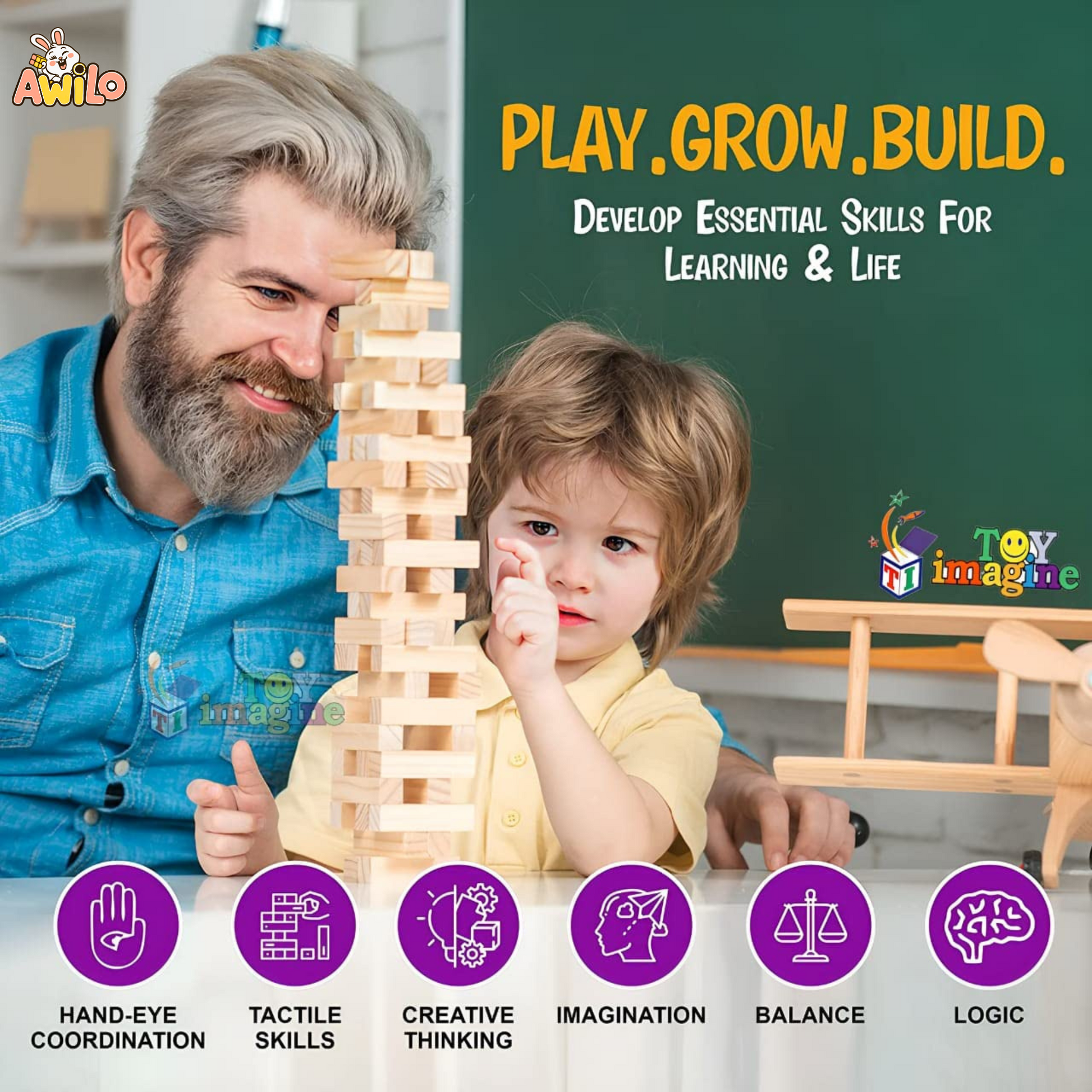 Wooden Building Blocks – 48 Pcs Educational Toy Set for Kids - Awilo